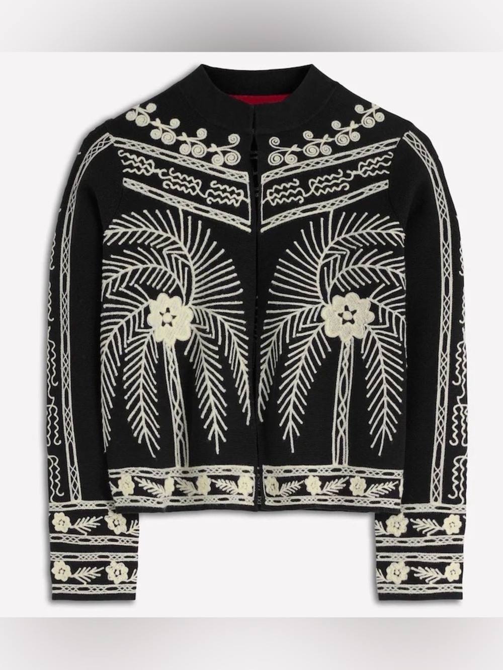 Boden Elena Stand Neck Jacket Women's 16-18 Black Floral Embroidered Knit Cotton